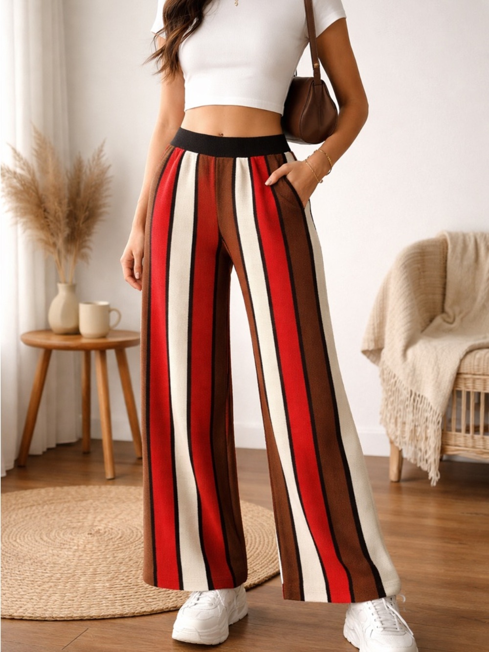 dolan Vertical Stripe Wide-Leg Pants in Red, Brown & Cream